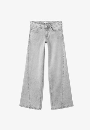 Široke sivo denim hlače z izblredelim teksturo, ki vključujejo klasičen pet-pocket dizajn in trpežen pas. Akcenti v srebrni barvi.