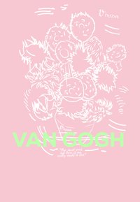 Ilustrace zobrazující bílé, nadýchané květiny s obličeji na pastelově růžovém pozadí. Text zahrnuje "VAN GOGH" v zelené barvě a citát níže.