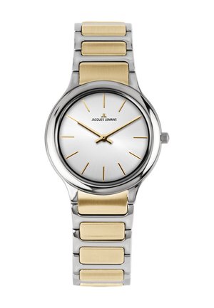 Montre-bracelet Jacques Lemans bicolore argent et or avec cadran minimaliste, index dorés et aiguilles dorées assorties pour les heures, les minutes et les secondes.