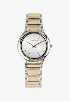 Tofarvet sølv- og guldfarvet Jacques Lemans armbåndsur med minimalistisk urskive, guldtimeindikatorer og matchende guldfarvede time-, minut- og sekundvisere.