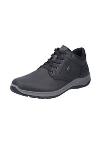 Chaussures en cuir noir avec un fini texturé, lacées, semelle en caoutchouc gris, bout rond et œillets métalliques. Pas de motifs ni d'accents visibles.