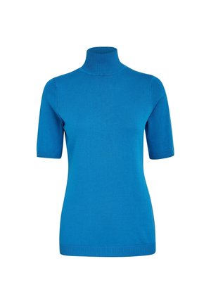 Pulover s kratkimi rokavi in turtleneck iz svetlo modre barve, narejen iz gladkega pletenega materiala. Ima rebrast ovratnik in rob, ter prilegajoč silhueto.