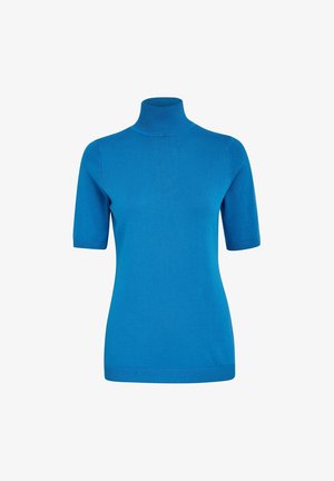 Svetr s krátkým rukávem, v jasně modré barvě, vyrobený z hladkého pleteného materiálu. Má žebrovaný límec a lem, s přiléhavým střihem.