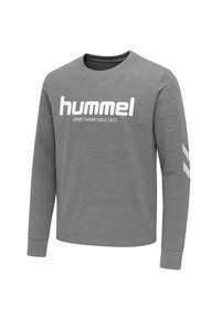 Szara bluza z długim rękawem uszyta z miękkiego materiału, z dużym białym logo "hummel" oraz ukośnymi białymi akcentami na rękawach.