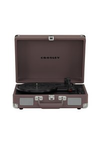 Portable record player with a brown leatherette exterior, chrome accents, black turntable, and side speakers. Features a handle for easy transport.