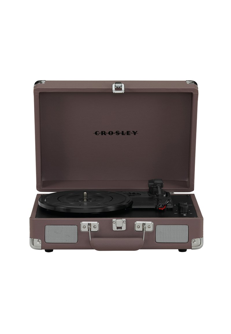Portable record player with a brown leatherette exterior, chrome accents, black turntable, and side speakers. Features a handle for easy transport.