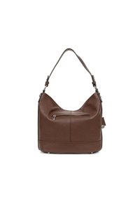 Sac à épaule en cuir brun avec une forme incurvée, une poignée supérieure et une poche zippée à l'avant. Présente une texture subtile et des accents en métal argenté.