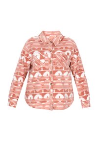 Koszula z guzikami w kolorze koralowym i białym, uszyta z polaru, z abstrakcyjnym wzorem, kołnierzykiem typu point, długimi rękawami oraz kieszonką na piersi z drewnianymi guzikami.