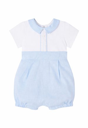 Krótki kombinezon dziecięcy z białym topem, jasnoniebieskim kołnierzykiem typu Peter Pan, listwą z guzikami i luźnym niebieskim dołem z elastycznymi otworami na nogi.