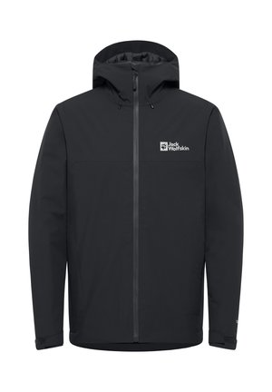 Czarna kurtka outdoorowa z zamkiem z przodu, regulowanym kapturem i elastycznymi mankietami. Posiada logo Jack Wolfskin na górnej lewej stronie.