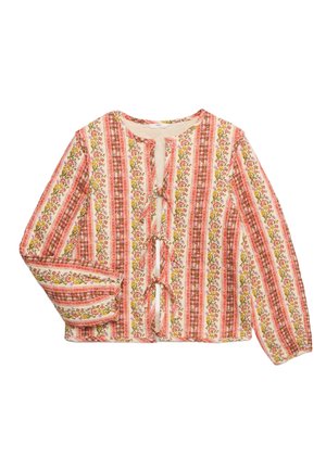 Damebluse med lange ærmer med lodrette blomster- og ternede striber i rød, pink og gul, med bindelukninger foran.