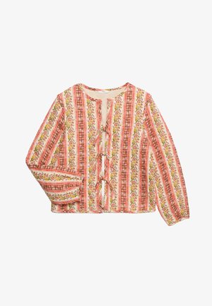 Damebluse med lange ærmer med lodrette blomster- og ternede striber i rød, pink og gul, med bindelukninger foran.