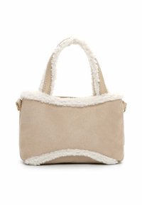 Beige handbag with a soft, textured faux fur trim along the top. Features short, sturdy handles and a simple, rounded shape.