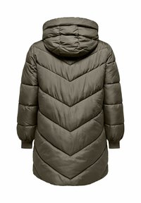 Olive green padded coat, featuring a chevron quilted pattern, a hood, and ribbed cuffs. The fabric has a smooth, slightly shiny texture.