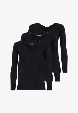 Tre maglie a maniche lunghe nere con scollo a U, realizzate in tessuto morbido con una texture liscia e senza motivi o accenti visibili.