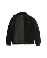 Czarna polarowa kurtka z miękką, teksturowaną powierzchnią, zamkiem z przodu i wysokim kołnierzem. Posiada logo na lewej piersi oraz elastyczne mankiety.