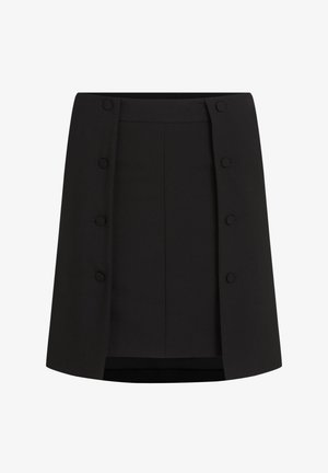 Czarna spódnica o prostym kroju, z zapięciem na guziki z przodu i średnim stanem. Wykonana z gładkiego materiału o minimalnej teksturze.