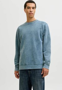 Bled blue pulover z dolgimi rokavi, okroglo ovratnikom, rebrastimi manšetami in robom. Nosi se z temno jeans hlačami. Gladka tekstura.