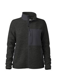 Dark gray fleece jacket with full front zipper, high collar, zippered chest pocket, and two zippered side pockets.