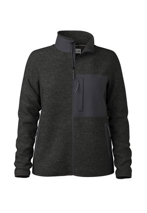 Dunkelgraue Fleecejacke mit durchgehendem Reißverschluss, hohem Kragen, einer Reißverschlusstasche auf der Brust und zwei Reißverschlusstaschen an den Seiten.