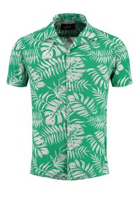 Korte mouwen blouse in groene stof met een wit tropisch bladmotief, voorzien van een knoopsluiting aan de voorkant en een standaard kraag.