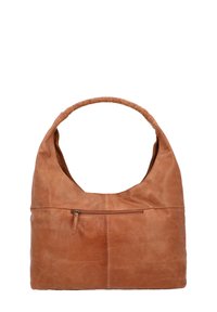 Tan læder skuldertaske med en bred fletrem, en struktureret overflade og en frontlomme med lynlås. Har et afslappet, baggy design.