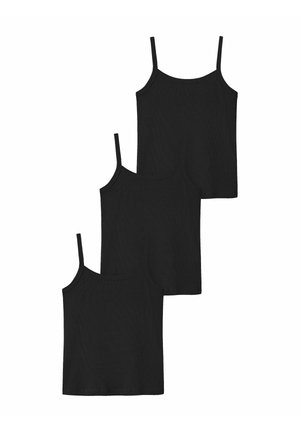 Trois camisoles noires sans manches avec de fines bretelles, superposées en décalé sur un fond blanc.