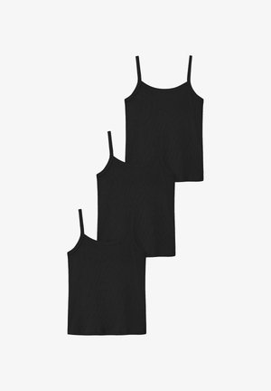 Three black sleeveless camisoles with thin shoulder straps, layered in a staggered arrangement on a white background.