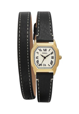 Goldene quadratische Uhr mit weißem Zifferblatt, schwarzen römischen Ziffern und doppelt gewickeltem schwarzem Lederarmband mit weißen Nähten, Marke Fossil.