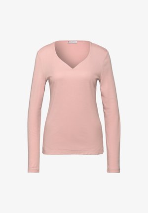 Długi rękaw, top w serek w miękkim różowym materiale, z dopasowanym krojem i gładką teksturą, z jednolitą powierzchnią i bez widocznych wzorów.