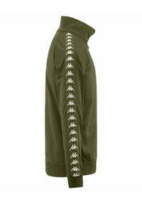 Giacca zip-up verde oliva con colletto alto e strisce bianche del logo Kappa lungo le maniche. Realizzata in un tessuto liscio e elastico.