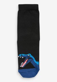Schwarze Socken mit einem blauen Dinosaurier-Graphic, weißen Zähnen und rosa Akzenten an der Zehe. Strickstoff mit gerippter Textur.