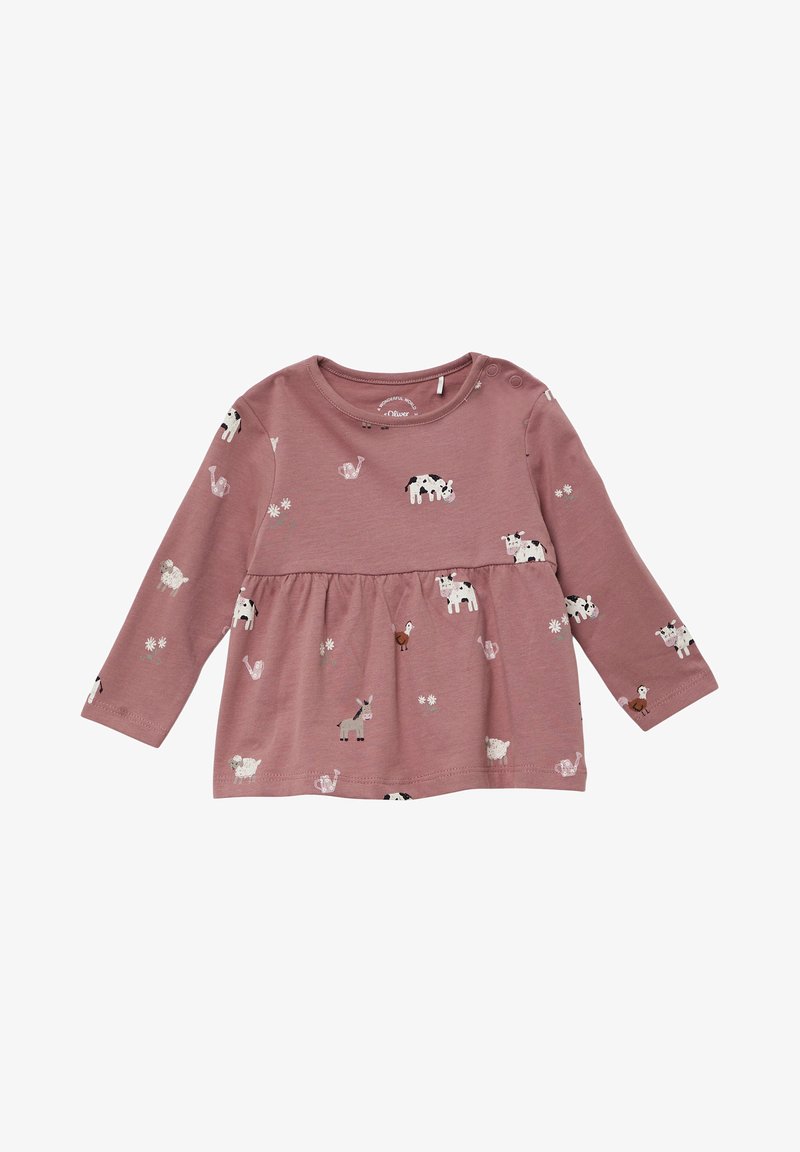 Haut à manches longues rose avec une taille froncée, présentant des illustrations d'animaux et des accents floraux. Matière en coton doux avec fermeture à bouton à l'épaule.