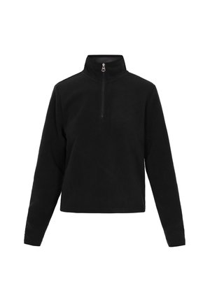 Black fleece pullover with a high collar, featuring a quarter zip closure, long sleeves, and a soft texture. Simple and versatile design.