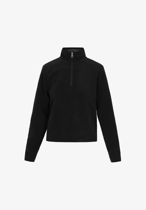 Suéter de forro polar negro con un cuello alto, que presenta un cierre de cremallera de cuarto, mangas largas y una textura suave. Diseño simple y versátil.