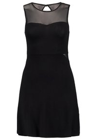 Robe noire sans manches avec haut en mesh transparent sur la poitrine et fermeture clé dans le dos, corsage ajusté et jupe évasée.