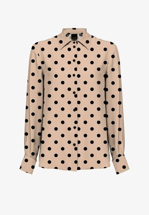 Beige langärmliges Hemd mit schwarzen Punkten und spitzem Kragen.