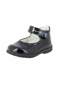 Scarpa Mary Jane in vernice nera con cinturino in Velcro e dettaglio a bottone rotondo, fodera interna bianca e suola in gomma texturizzata.