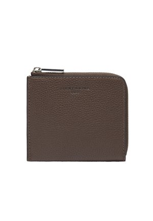 Brown textured leather wallet with a zip closure, featuring a subtle embossed logo on the front and a compact rectangular shape.
