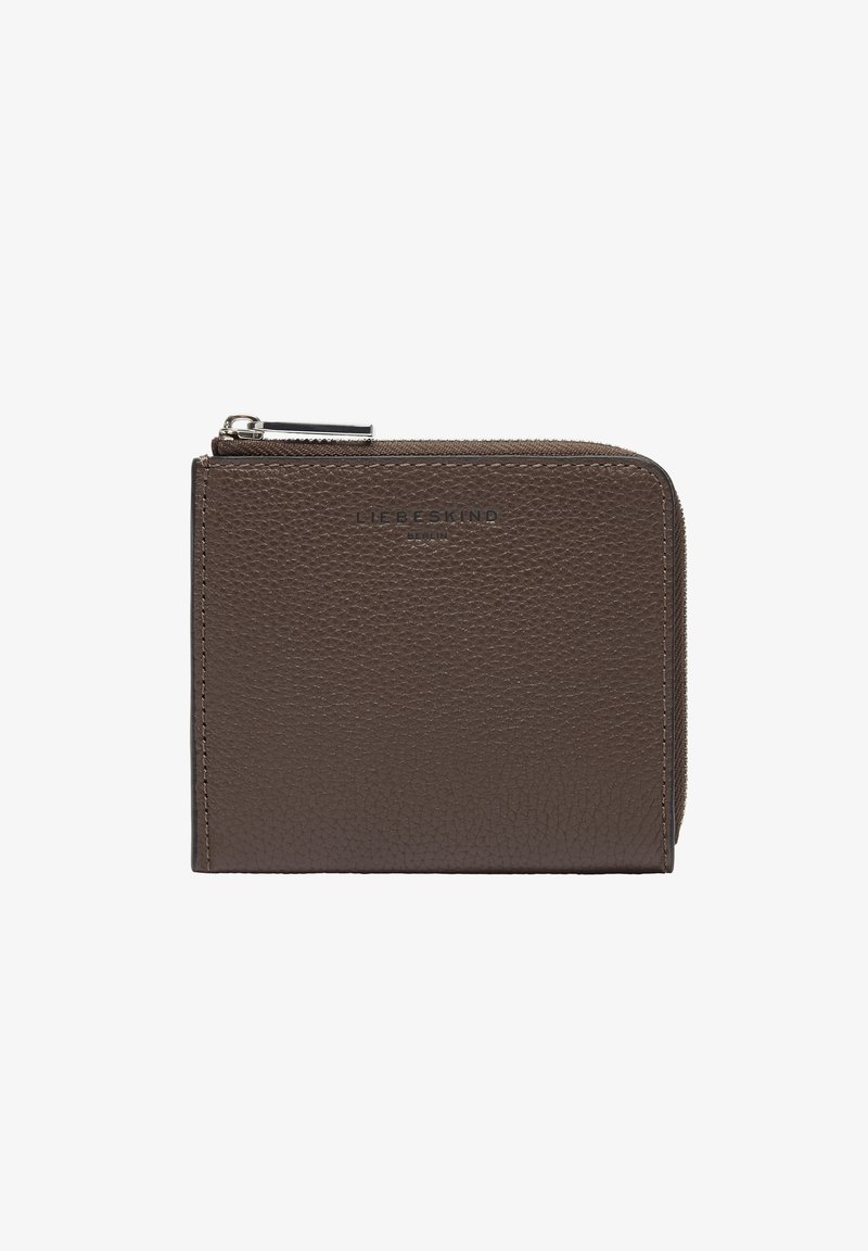 Brown textured leather wallet with a zip closure, featuring a subtle embossed logo on the front and a compact rectangular shape.