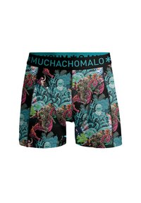 Herrarnas boxershorts med en teal elastisk midjeresår med texten "MUCHACHO MALO". Tyget har ett färgglatt undervattensmönster med olika mönster.