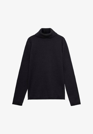 Zwarte turtleneck trui van zachte breigoed. Heeft lange mouwen, een relaxte pasvorm en een geribde kraag. Eenvoudig, minimalistisch ontwerp.