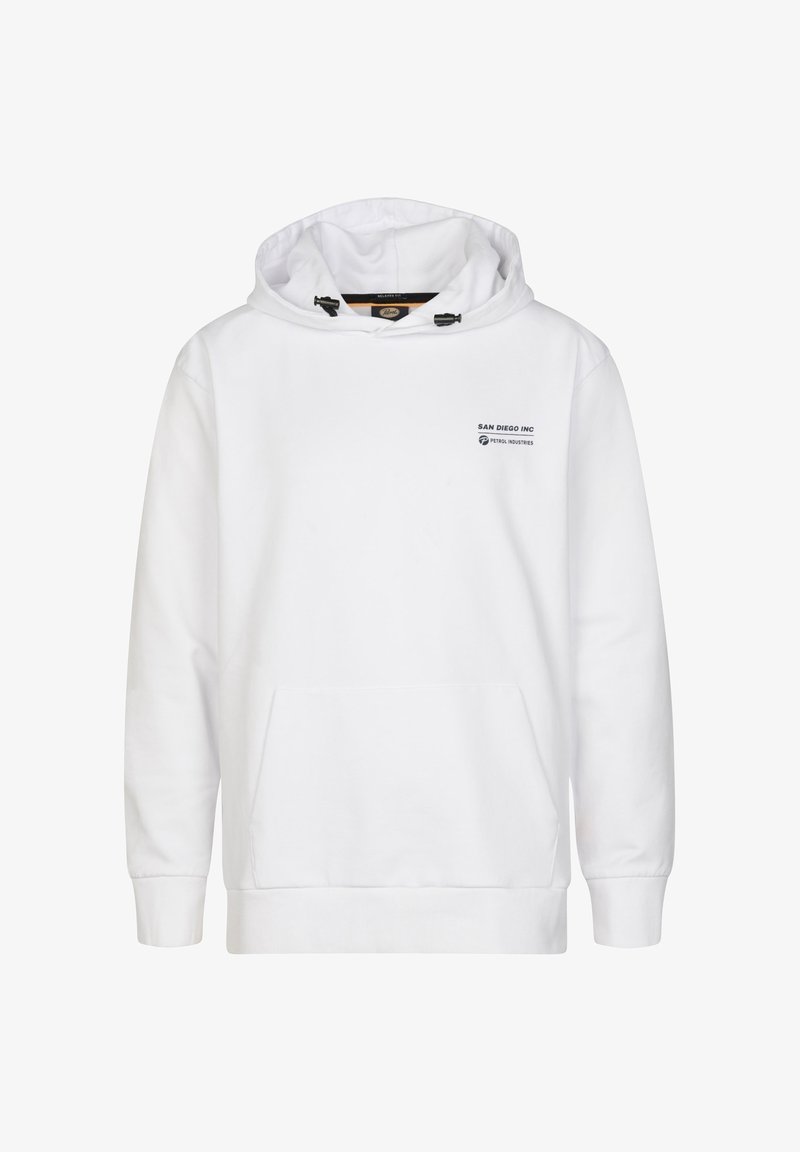 Sweat à capuche blanc avec poche avant, cordons noirs avec stoppeurs, et petit logo "San Diego Inc" sur le côté gauche de la poitrine.