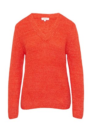 Roter Strickpullover mit V-Ausschnitt, langen Ärmeln und strukturiertem Muster. Verfügt über eine lässige Passform und seitliche Nähtdetails.