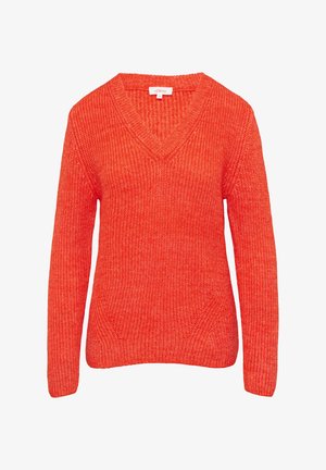Maglione rosso a maglia con scollo a V, maniche lunghe e un motivo testurizzato. Presenta una vestibilità rilassata e dettagli sulle cuciture laterali.