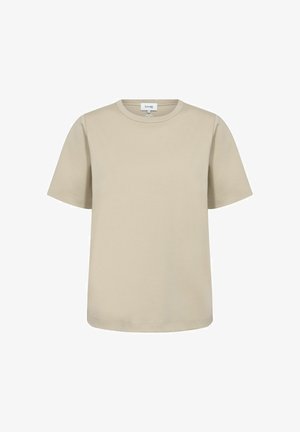 Beige T-shirt met korte mouwen en ronde hals, een rechte zoom en een klein merklabeltje dat aan de binnenkant van de hals is genaaid.