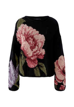 Schwarzer Strickpullover mit großen rosa und lila Blumenmustern sowie grünen Blättern auf Vorderseite und Ärmeln.