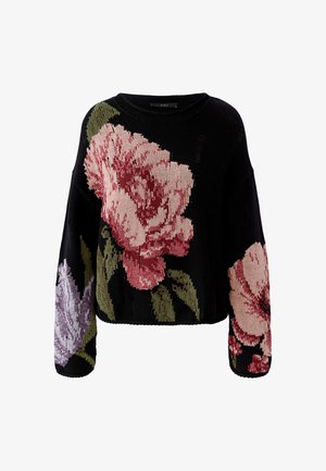 Schwarzer Strickpullover mit großen rosa und lila Blumenmustern sowie grünen Blättern auf Vorderseite und Ärmeln.