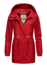 Red waterproof jacket with a hood, drawstring waist, silver accents, and two front pockets. Made of smooth material with a soft lining.