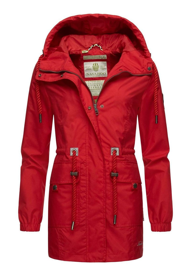 Red waterproof jacket with a hood, drawstring waist, silver accents, and two front pockets. Made of smooth material with a soft lining.